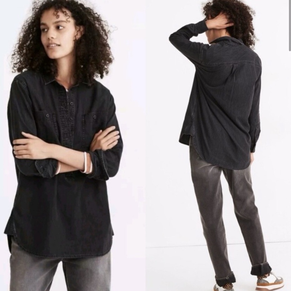 Madewell 100% Cotton Denim Popover Tunic Shirt Top in Black Wash Size Small